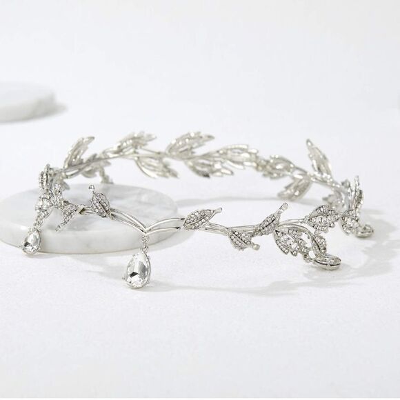 Rhinestone Leaf Wedding Crown Headband for Brides Crystal Pendent Tiara Headband - Picture 5 of 8